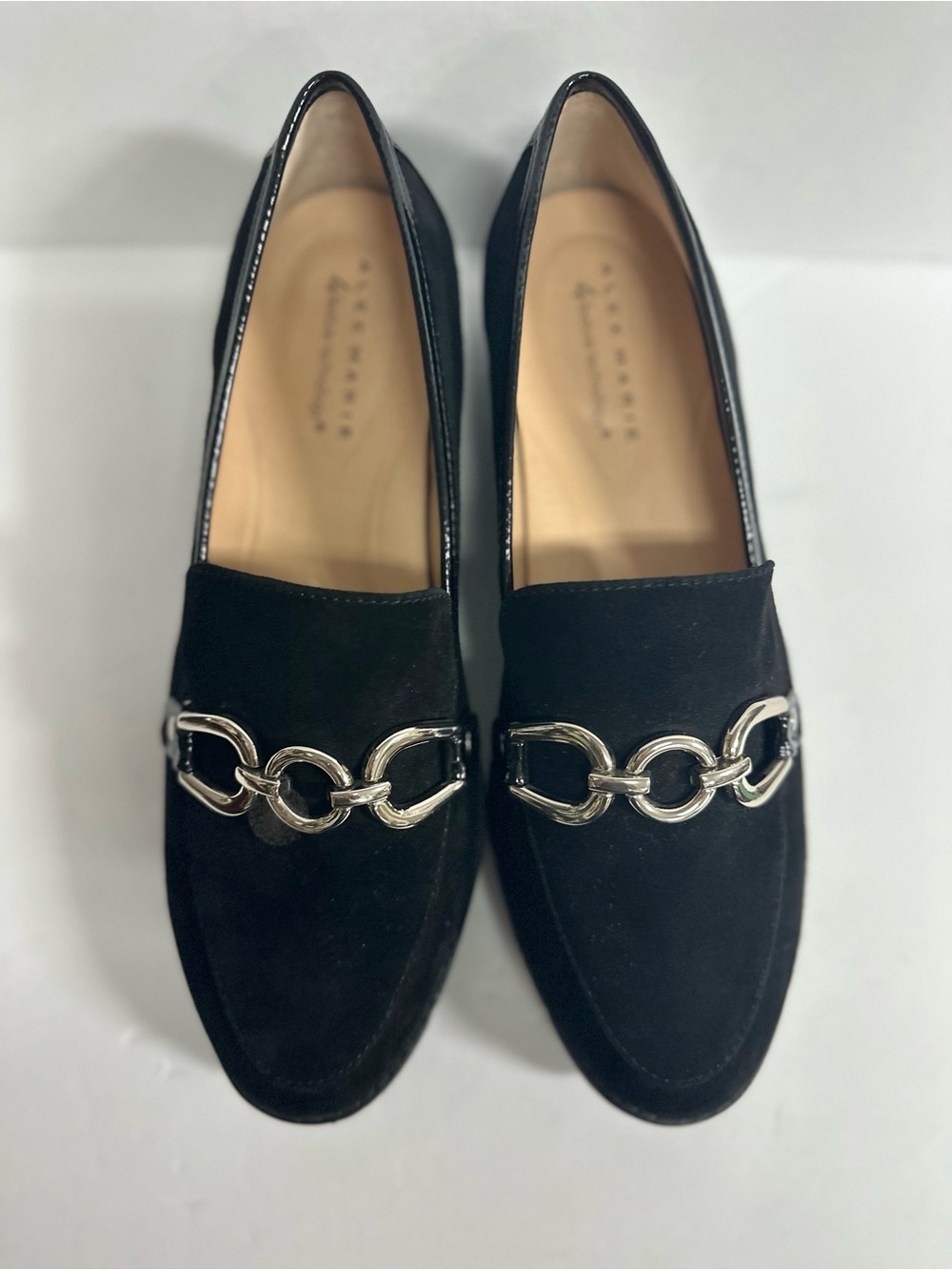 Alex Marie Black Suede Loafers with Silver Chain Detail